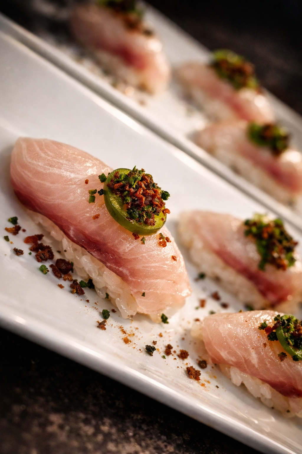 Kobaya sashimi with jalapeño and chili flakes — luxury sushi catering South Florida