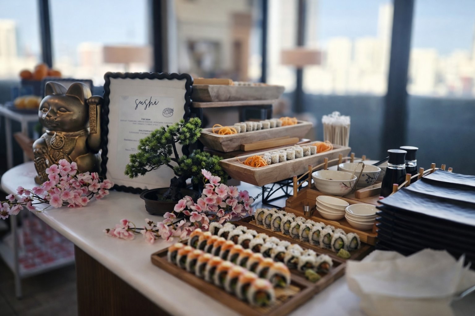 Kobaya Catering full sushi spread setup at a corporate private event with Miami city skyline view