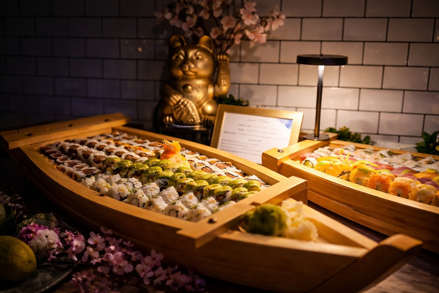 Kobaya Catering sushi boat and sushi rolls displayed at a luxury private event in South Florida