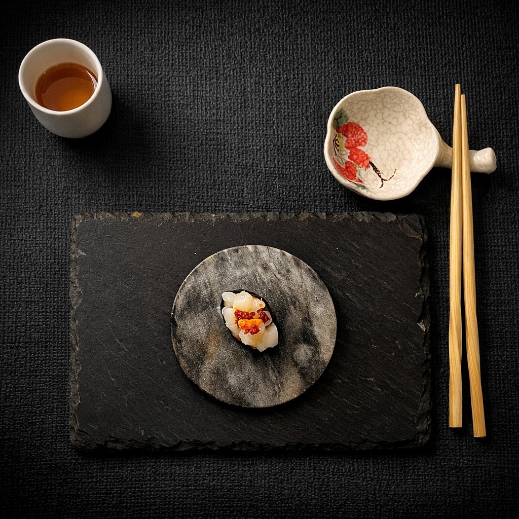 Kobaya Catering premium nigiri served on a slate board with sake cup and chopsticks — omakase Miami