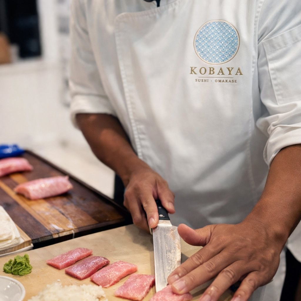 Kobaya sushi chef slicing premium bluefin tuna for an omakase private dinner in South Florida