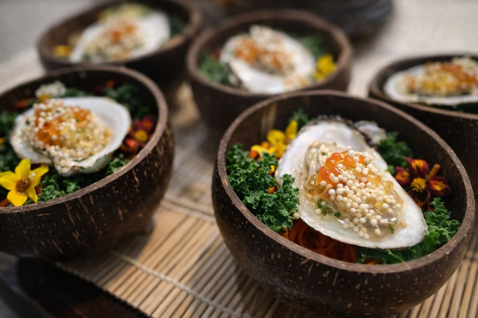 Kobaya fusion oyster in coconut bowl with ikura — creative sushi catering Miami