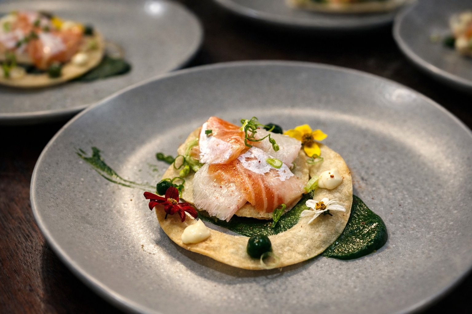 Kobaya sashimi tostada with edible flowers — Japanese-fusion private catering South Florida
