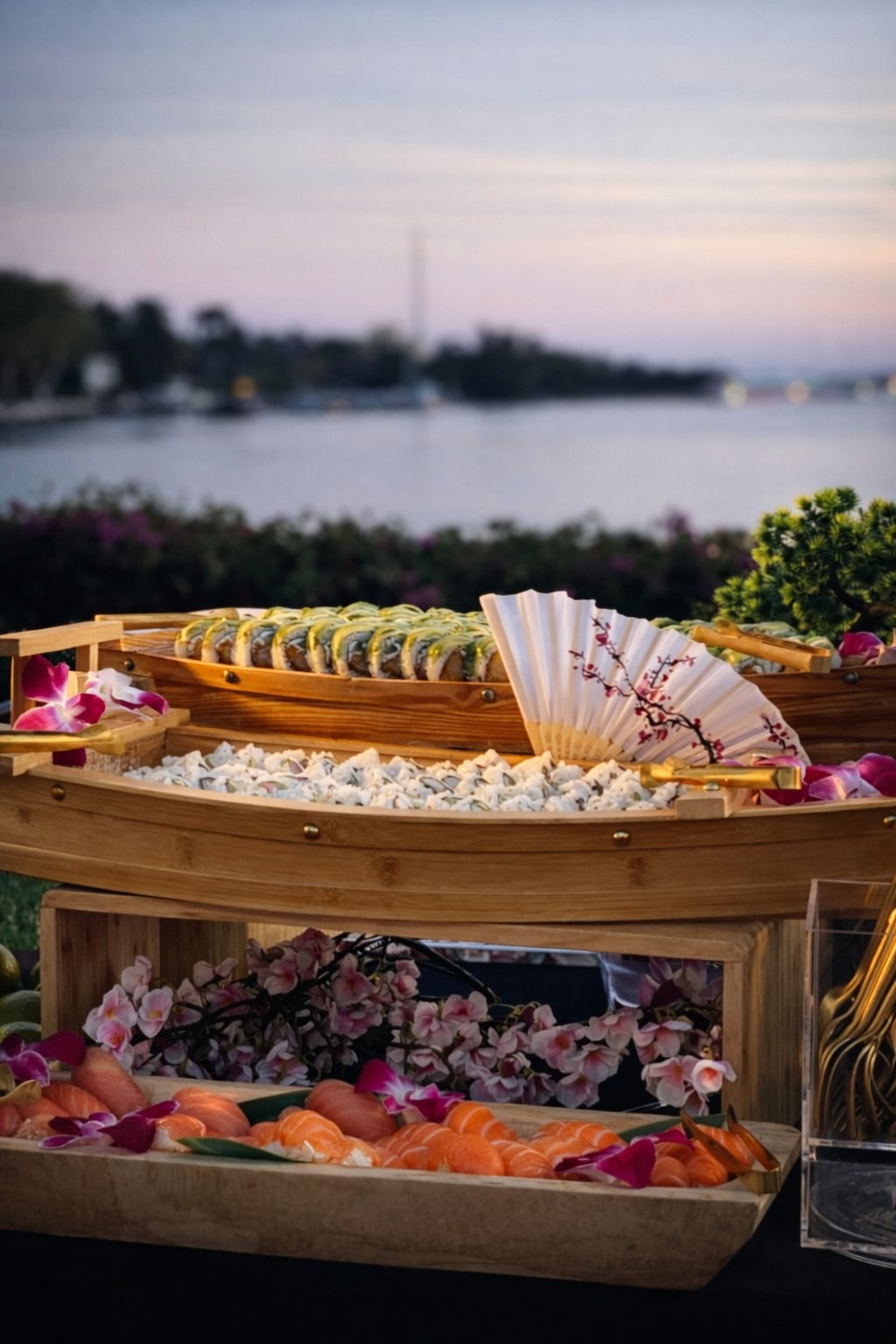 Kobaya Catering luxury sushi boat display at a private waterfront event in South Florida at sunset