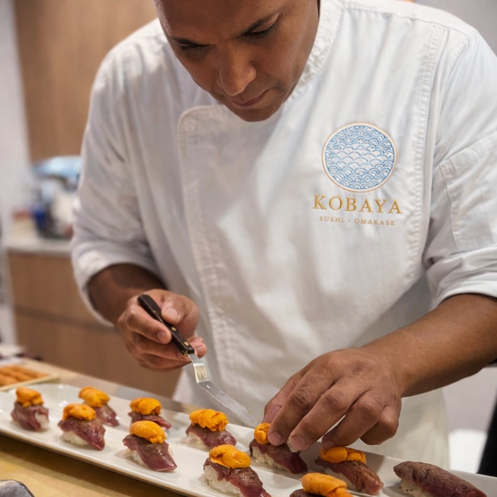 Kobaya Catering head chef meticulously plating premium omakase nigiri at a private dinner in South Florida